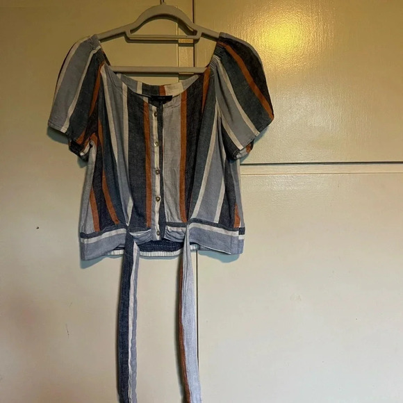 Drew Anthropologie Stripe Linen Cropped Tie Top Size Medium - Picture 5 of 11